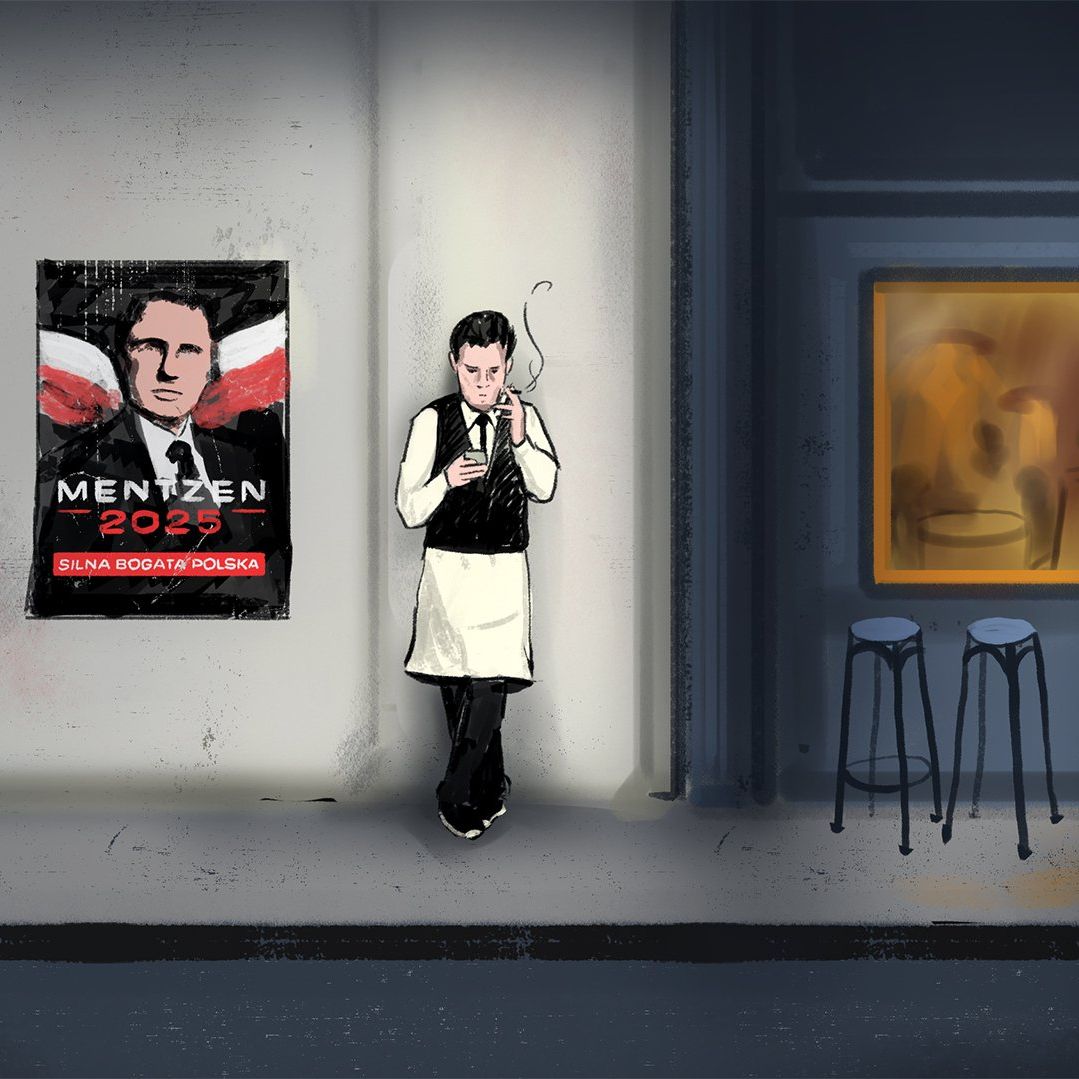 Ilustracja – ulica z barem, przy którym na przerwie na papierosa stoi kelner. Patrzy się w telefon. Obok niego plakaty Mentzena oraz jeden zerwany plakat Adriana Zandberga.