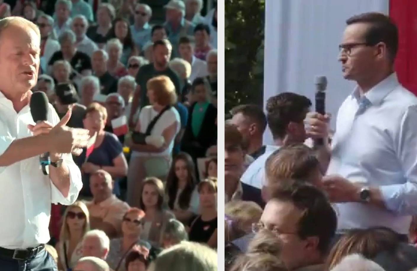 dwa zdjęcia męzczyzn w białych koszulach na wiecu: Donald Tusk i Mateusz Morawiecki (sklejka z wiecow w Koszalinie i w Sianowie)