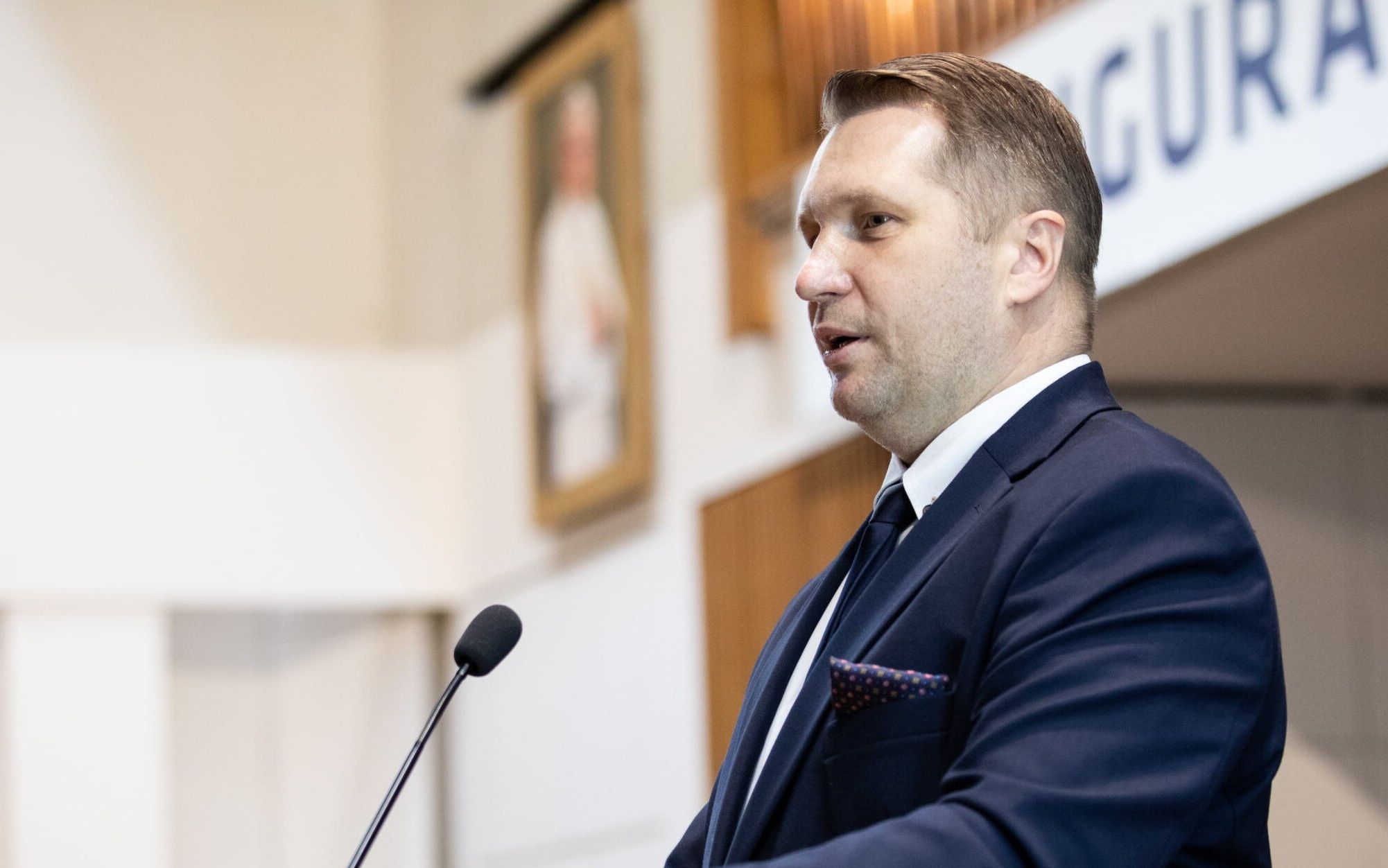 17.10.2021 Lublin . Katolicki Uniwersytet Lubelski . Inauguracja roku akademickiego . Minister edukacji i nauki Przemyslaw Czarnek podczas wykladu inauguracyjnego '' Spor o praworzadnosc ''. 
Fot. Jakub Orzechowski / Agencja wyborcza.pl