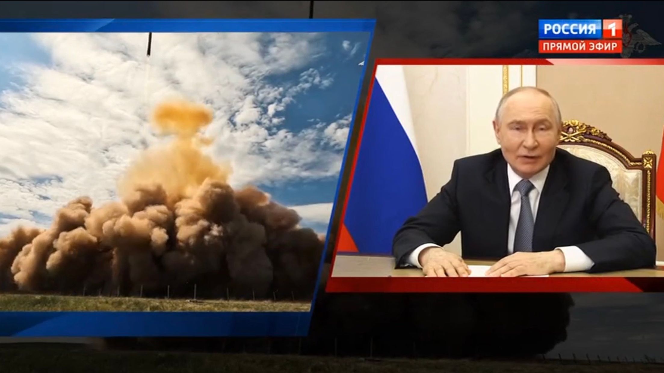 Putin na telekonferencji i obraz odpalanej rakiety