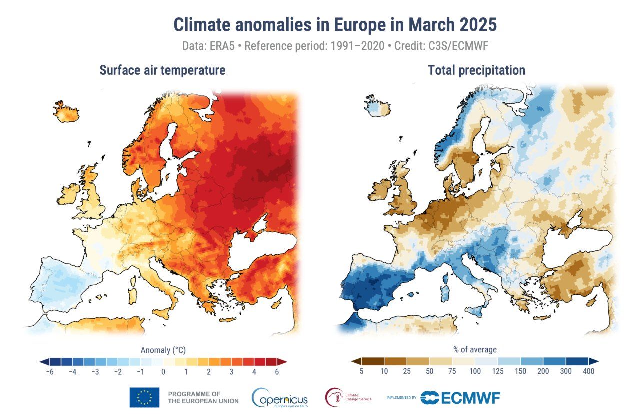 C3S_PR_202503_Fig1_map_temperature_precipitation_anomalies_europe.png