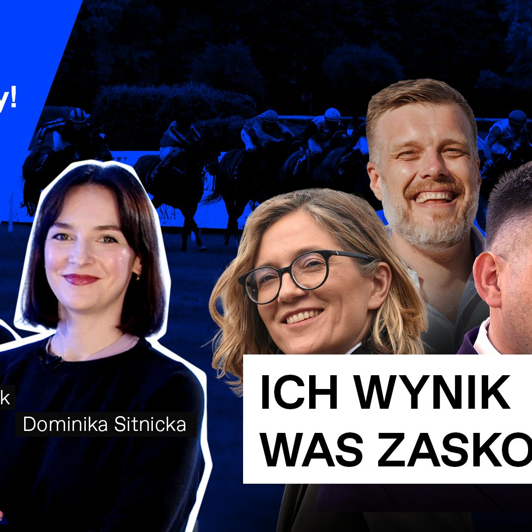 Od lewej: Agata Szczęśniak, Dominika Sitnicka, Magdalena Biejat, Adrian Zandberg, Sławomir Mentzen, Grzegorz Braun, Szymon Hołownia. Napis: „Ich wynik was zaskoczy”