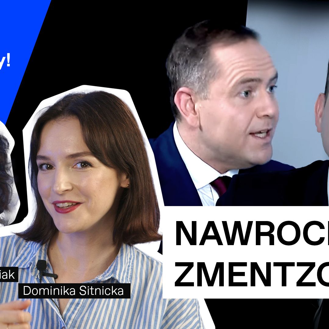 Od lewej: Agata Szczęśniak, Dominika Sitnicka, Karol Nawrocki, Sławomir Mentzen. Napis: Nawrocki Zmentzony, il. Mateusz Mirys / OKO.press / Agencja Gazeta