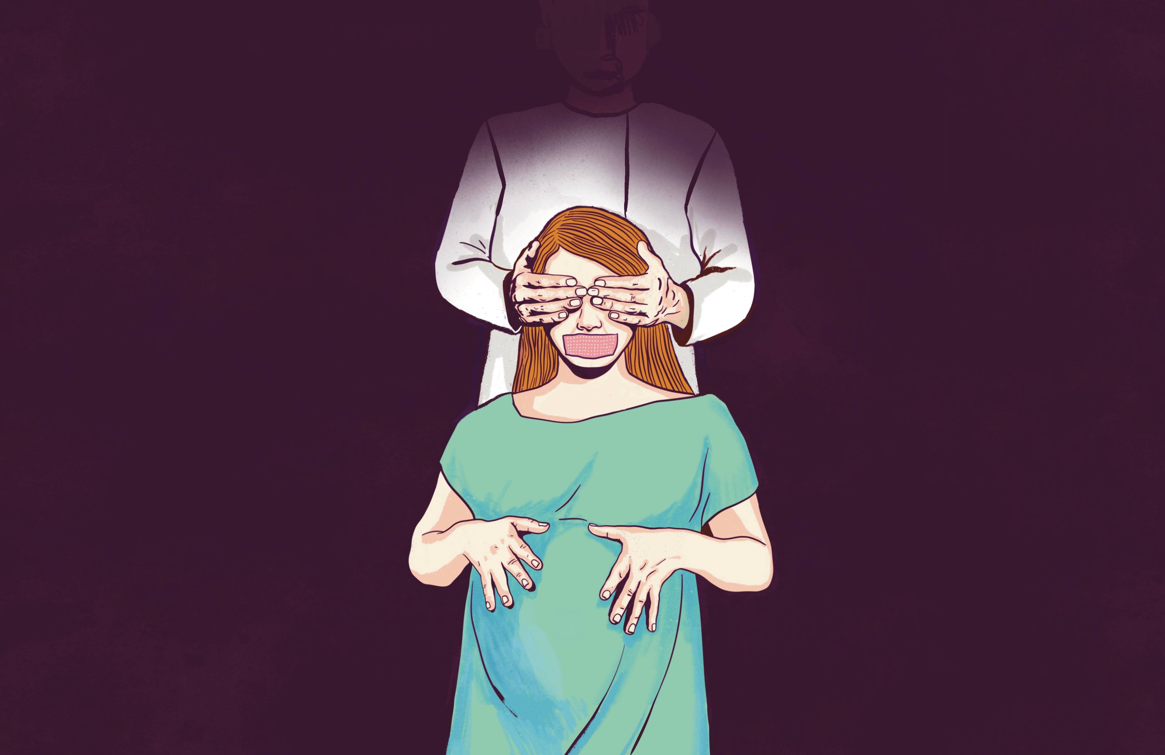Grafika. Kobieta w ciąży z zaklejonymi plastrem ustami. Za nią stoi ktoś w białym fartuchy i zasłania kobiecie oczy