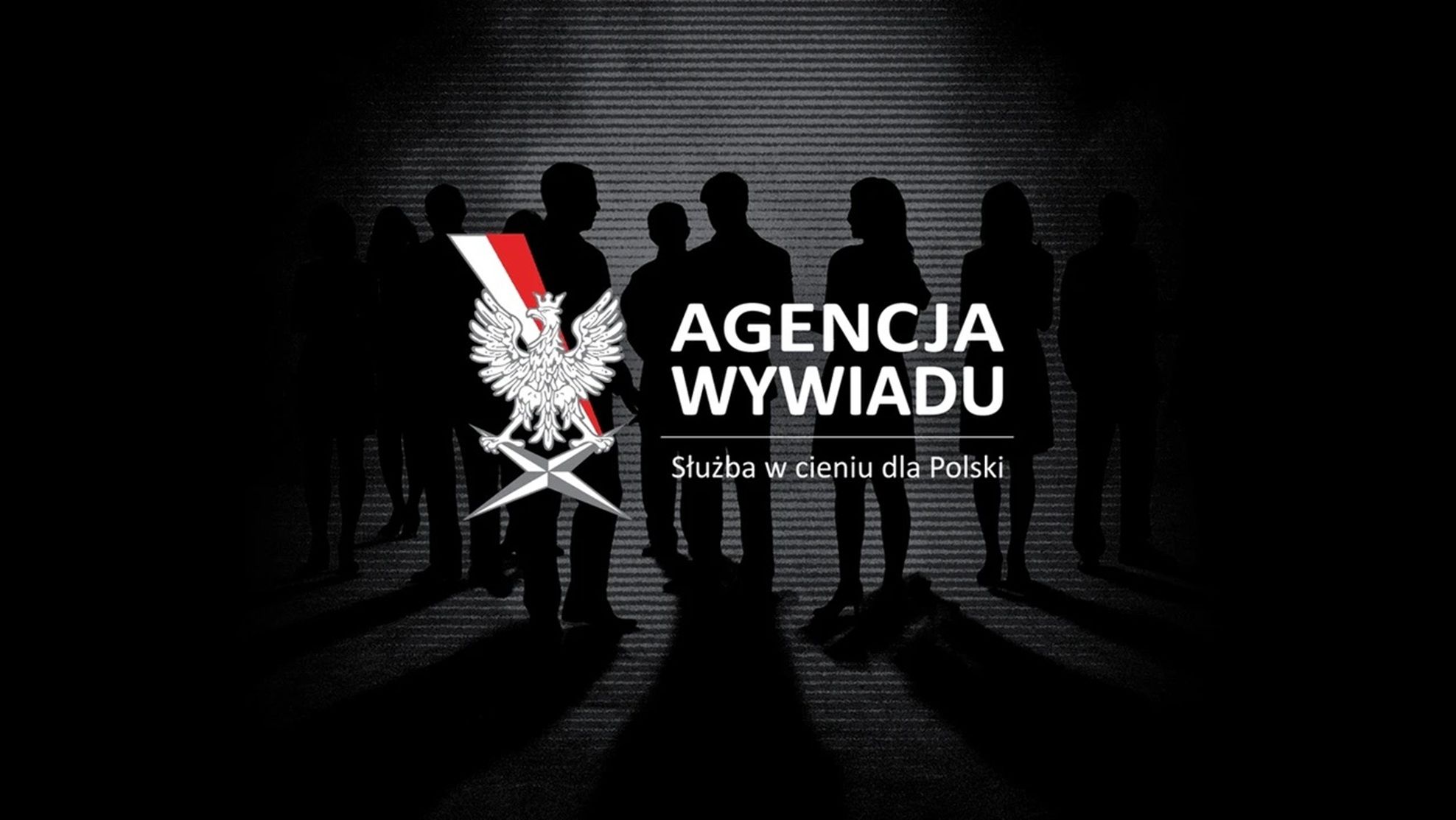 Grafika z logo Agencji Wywiadu i ciemnymi sylwetkami ludzi w tle