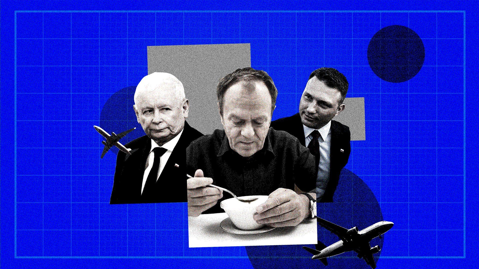 Kolaż – Donald Tusk jedzący żurek, za jego plecami z lewej krzywo patrzy się na niego Jarosław Kaczyński, z prawej zadowolony, lekko pochylony Sławomir Mentzen, z lewej i z prawej są też wycięte zdjęcia lecących samolotów.