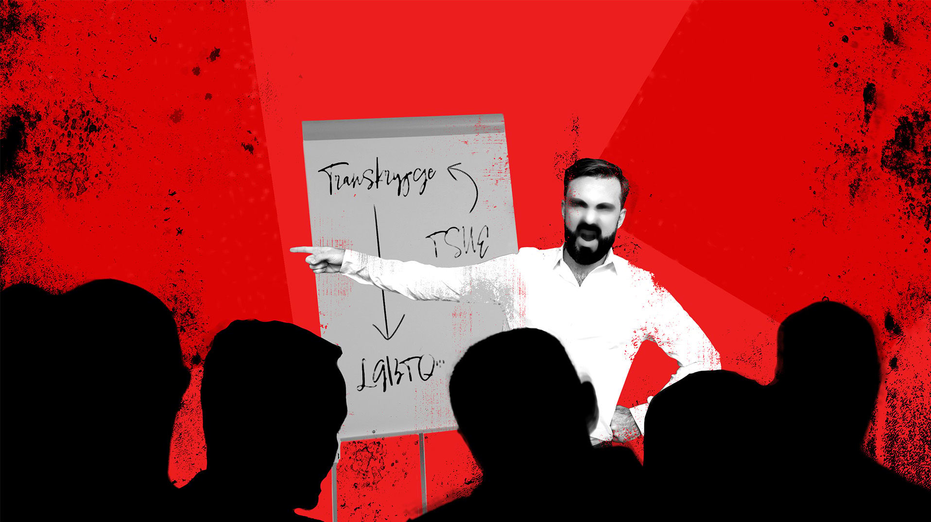 Kolaż – mężczyzna z gniewnym grymasem na twarzy stoi przed flipchartem z napisami: "TSUE (strzałka) Transkrypcje (strzałka) LGBTQ!!!", przed mężczyzną, na pierwszym planie, ciemne sylwetki osób go słuchających.