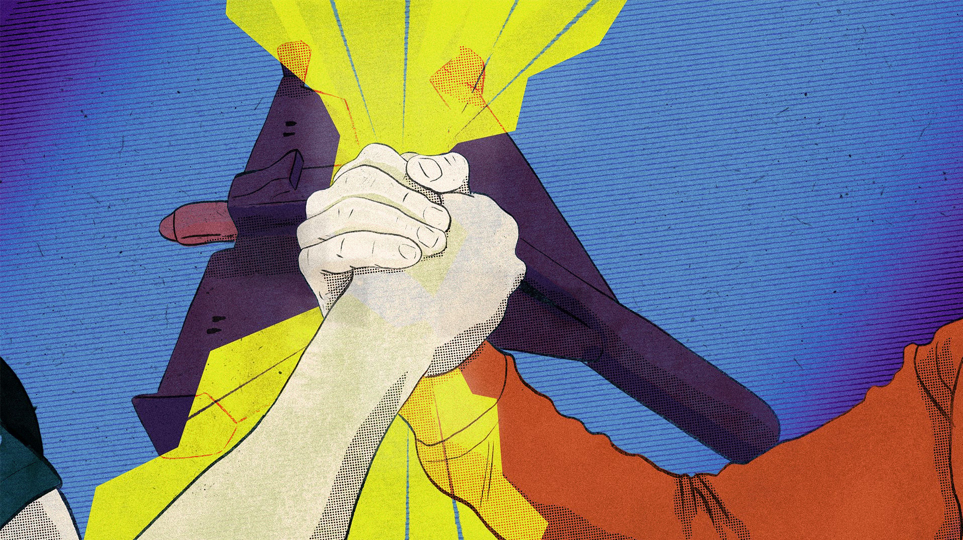 Ilustracja - na pierwszym planie ręce splecione w mocnym uścisku, za nimi złamana sylwetka wojskowego drona z nałożonym rozbłyskiem przypominającym piorun lub wybuch.