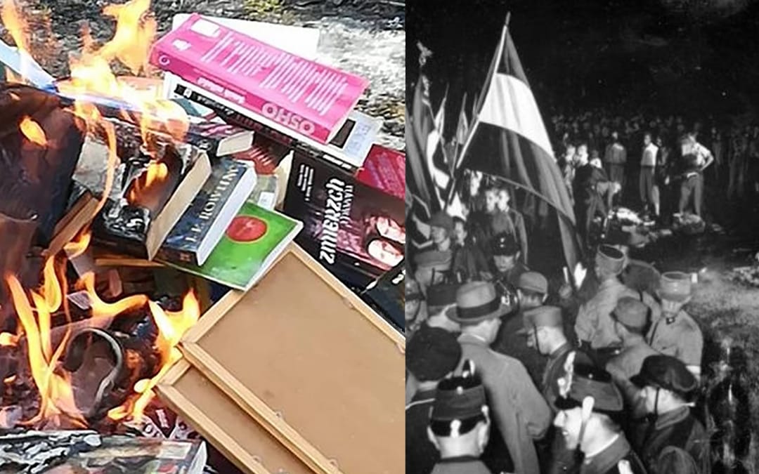 Grafika do artykułu W obronie palonych książek mówią ludzie kultury i nauki. Michnik: To się zawsze zaczyna niewinnie