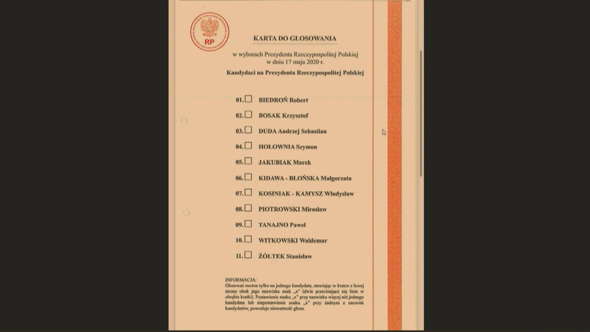 Wzór karty wyborczej z datą 17 maja i nazwiskami kandydatów, w tym Witkowskiego, który w tych wyborach nie kandydował, bo nie zebrał głosów