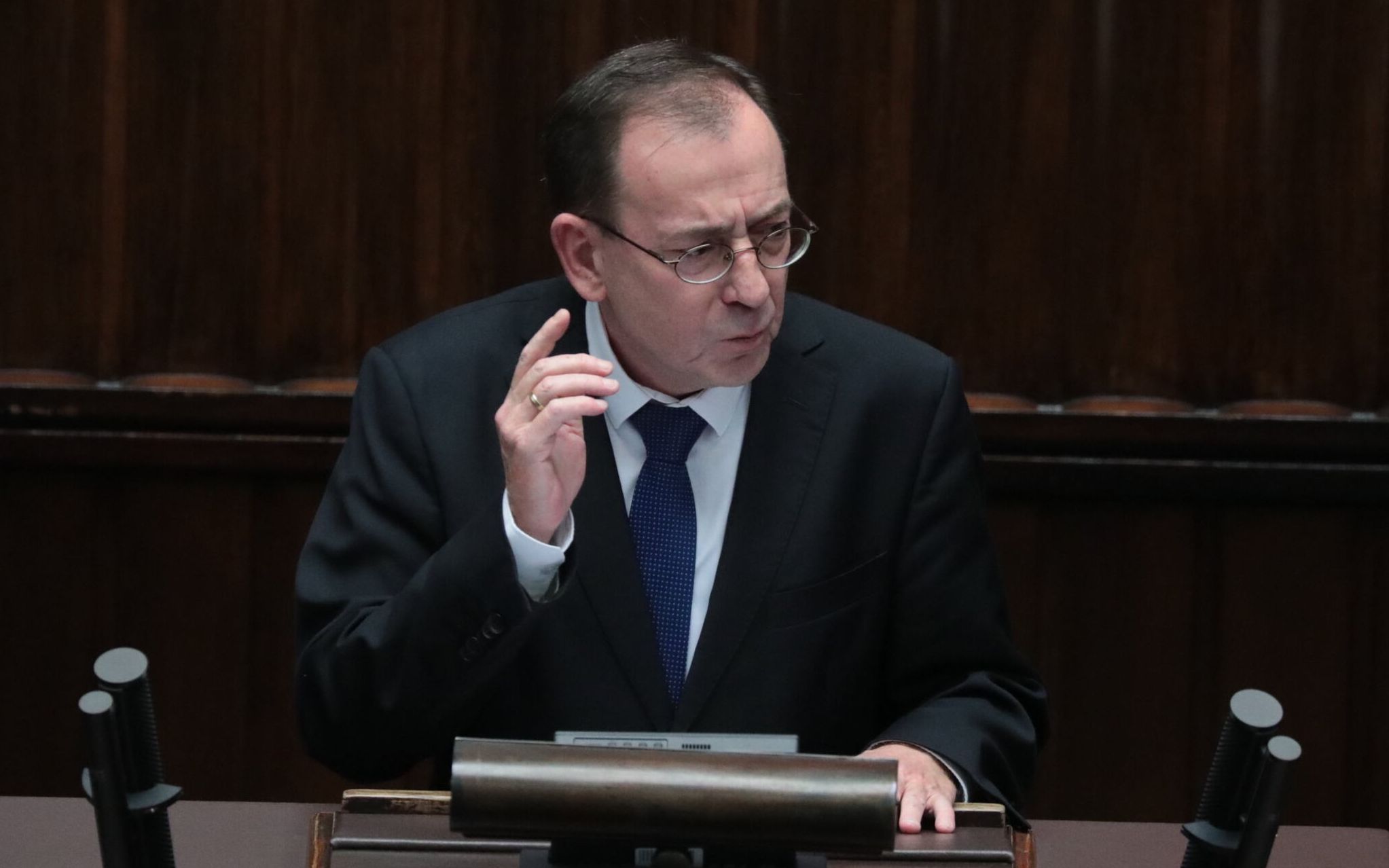 09.11.2021 Warszawa , ulica Wiejska . Sejm . Nadzwyczajne 41 . posiedzenie Sejmu IX kadencji . Minister spraw wewnetrznych i administracji Mariusz Kaminski podczas informacji rzadu w sprawie sytuacji na granicy polsko - bialoruskiej zwiazanej z naplywem migrantow z terenu Bialorusi .
Fot. Slawomir Kaminski / Agencja Wyborcza.pl
