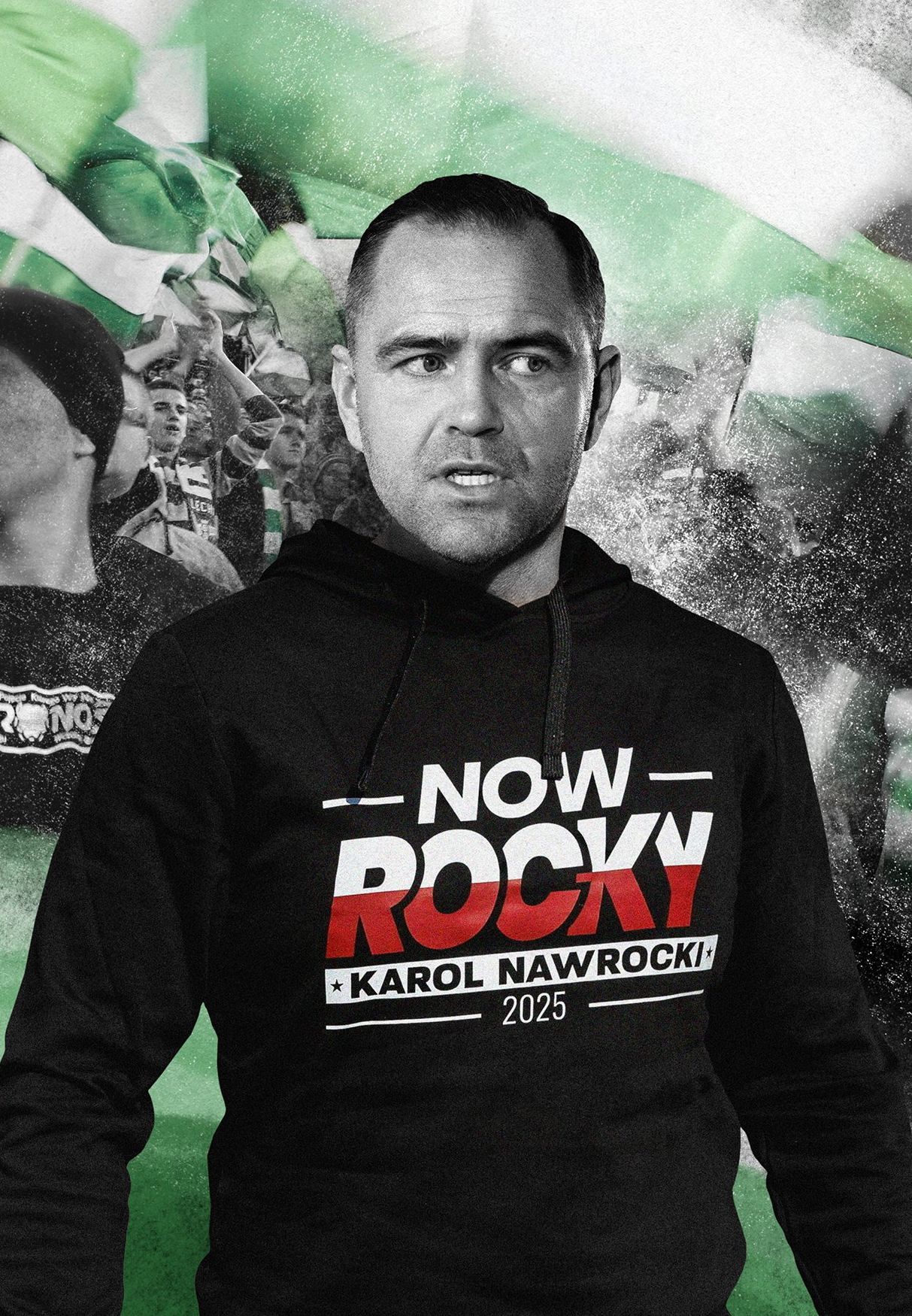 Ilustracja przedstawiająca Karola Nawrockiego w sportowej bluzie z logo kampanii wyborczej "Now Rocky". W tle krzyczący kibice Lechii Gdańsk i barwy klubu – biały i zielony.