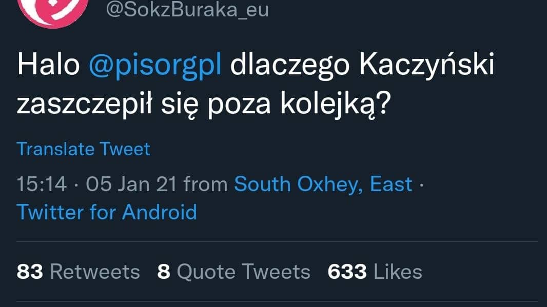tweet Soku z Buraka z pytaniem, czy Kaczyński zaszczepił się poza kolejką
