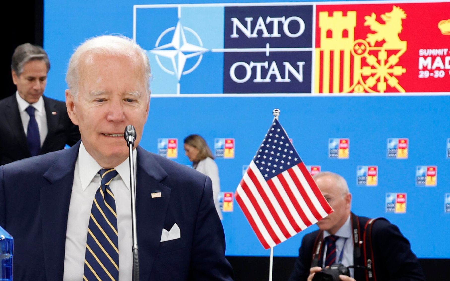 U.S. President Joe Biden looks on as he attends a meeting of The North Atlantic Council during the NATO summit at the Ifema congress centre in Madrid, on June 30, 2022. (Photo by JONATHAN ERNST / POOL / AFP)