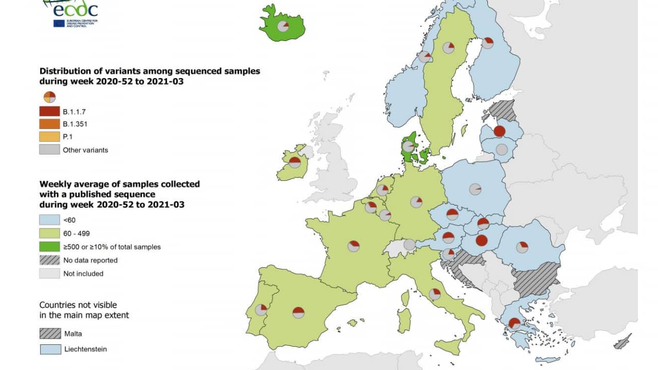 mapa obecności wariantów SARS-CoV-2 w Europie