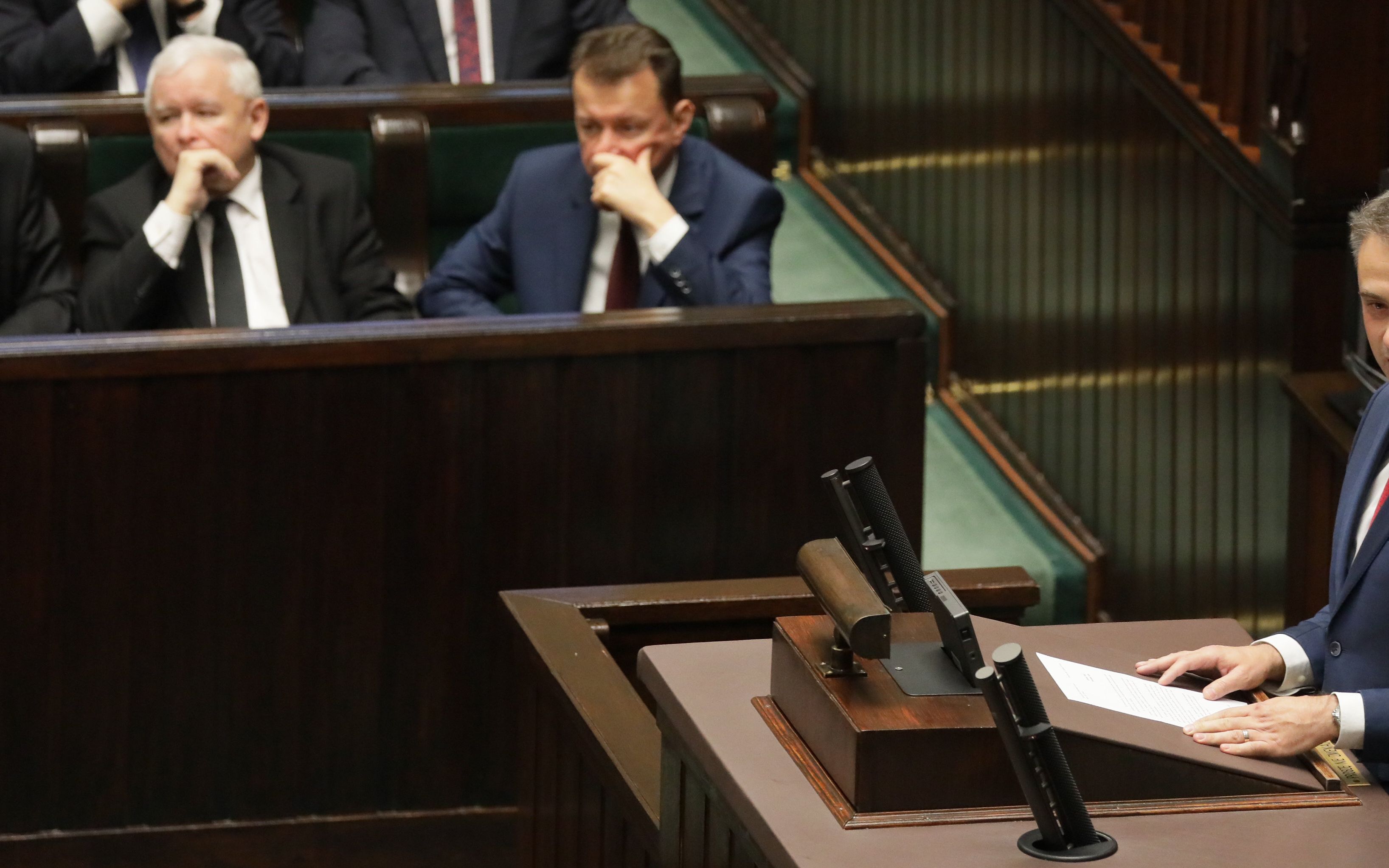 12.11.2019  Warszawa , ulica Wiejska . Sejm . Pierwsze posiedzenie Sejmu IX Kadencji . Od lewej: Ryszard Terlecki , Jaroslaw Kaczynski , Mariusz Kaminski , Krzysztof Gawkowski podczas glosowania nad kandydatura Elzbiety Witek na stanowisko marszalka Sejmu .
Fot. Slawomir Kaminski / Agencja Gazeta