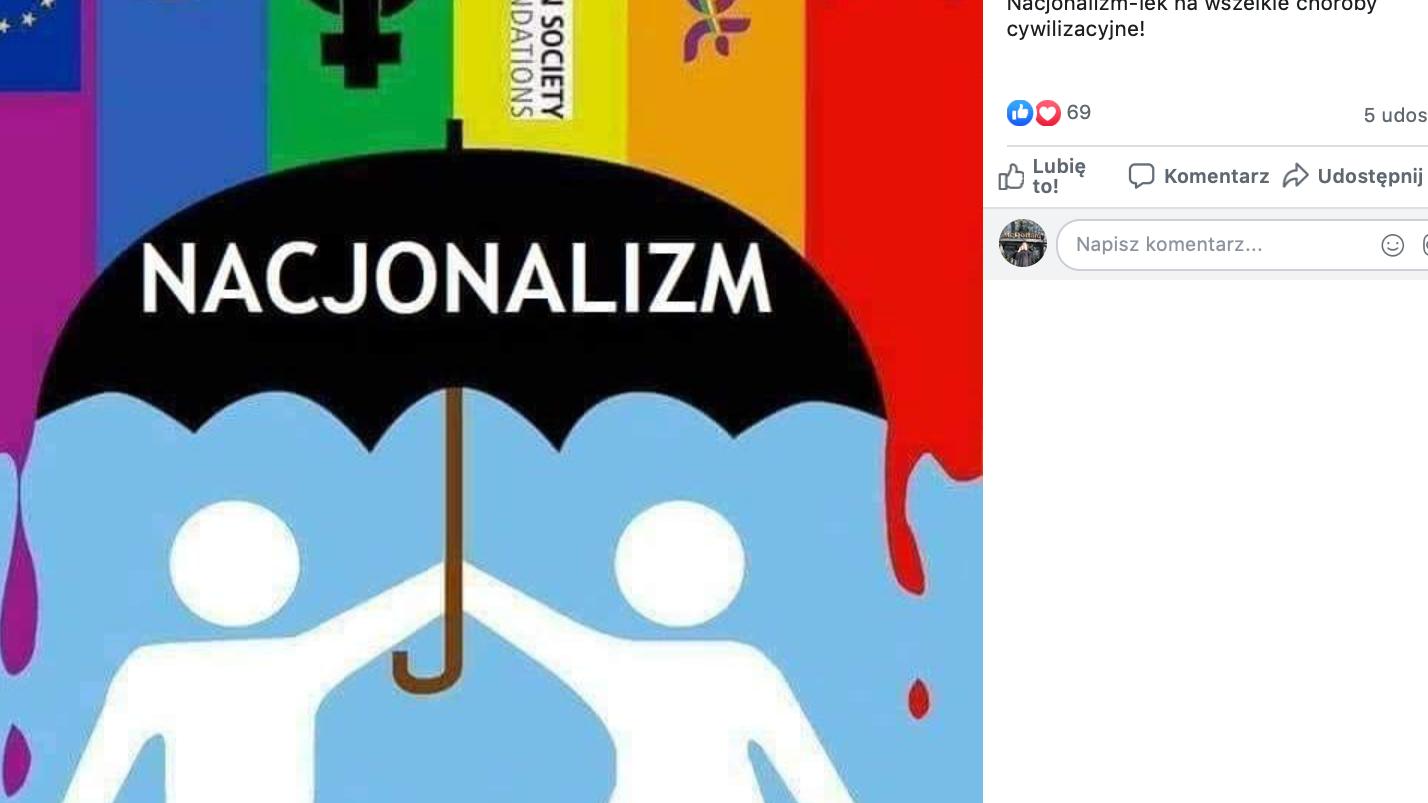Grafika opublikowana przez Podlaski Przegląd Narodowy przedstawia parasol z napisem „Nacjonalizm” , chroniący piktogram rodziny przed tęczą z m.in. flagą Unii, półksiężycem oraz sierpem i młotem