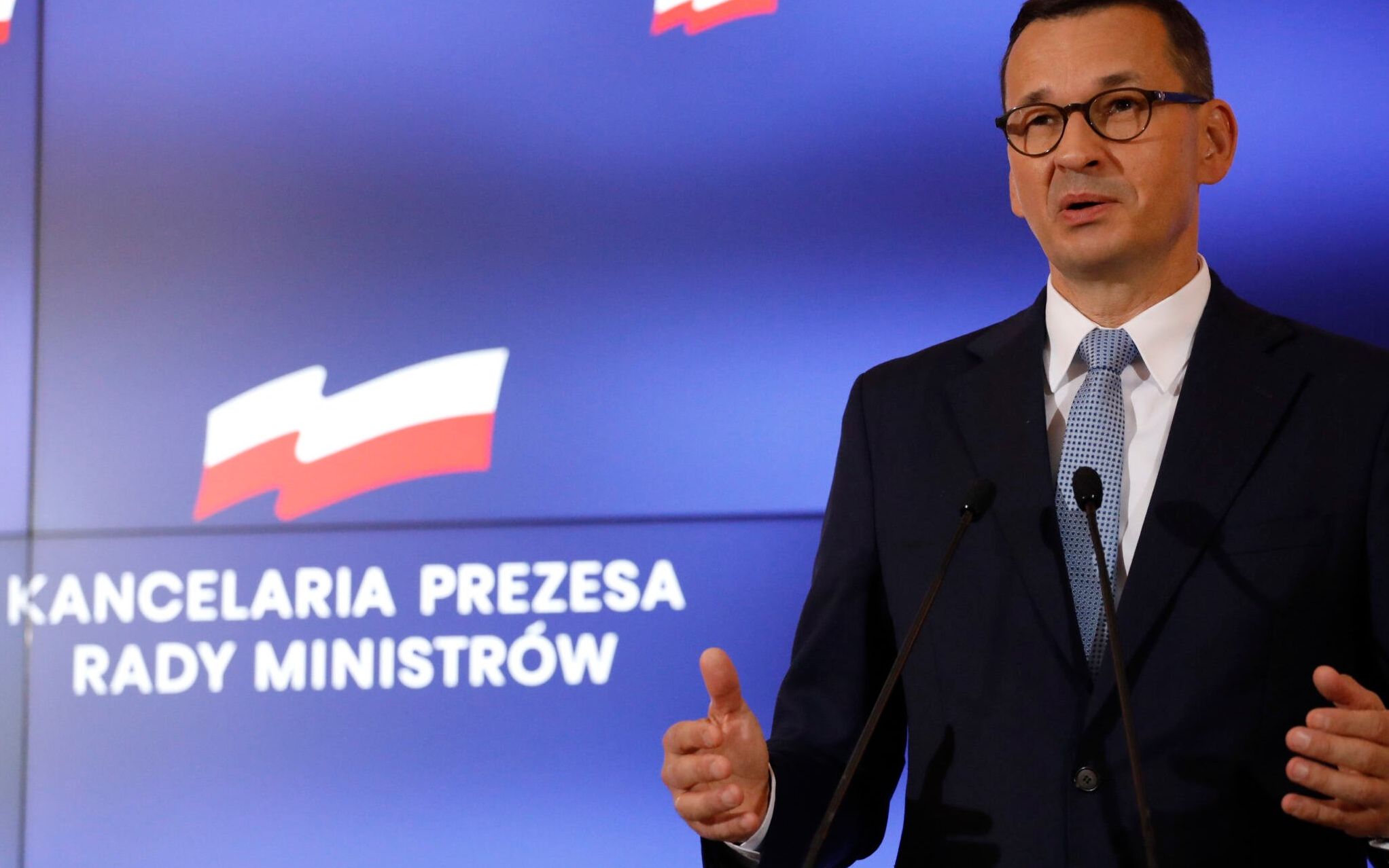 20.08.2020 Warszawa , ul. Ujazdowskie 1/3 , KPRM , sala im. T. Mazowieckiego . Premier Mateusz Morawiecki podczas konferencji prasowej .
Fot. Maciek Jazwiecki / Agencja Gazeta