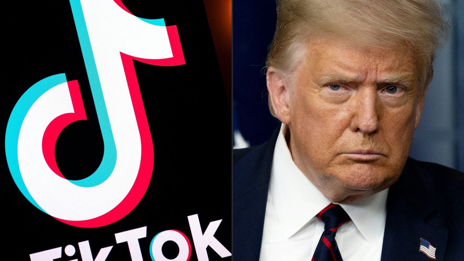 (COMBO) This combination of pictures created on August 01, 2020 shows the logo of the social media video sharing app Tiktok displayed on a tablet screen in Paris, and US President Donald Trump at the White House in Washington, DC, on July 30, 2020. ByteDance, the Chinese parent company of wildly popular TikTok, has offered to sell the app's US operations as a way to avert a ban by the government of President Donald Trump, The New York Times reported August 1, 2020.
After weeks of rumors and pressure, Trump said Friday he was preparing to bar the app from operating in the United States, perhaps by executive order on Saturday. (Photo by Lionel BONAVENTURE and JIM WATSON / AFP)
