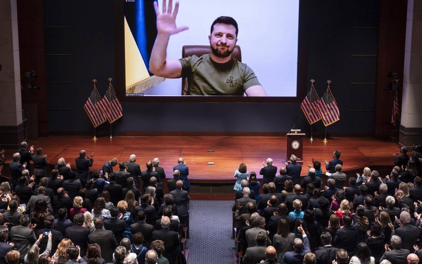 Ukrainian President Volodymyr Zelensky virtually addresses the US Congress on March 16, 2022, at the US Capitol Visitor Center Congressional Auditorium, in Washington, DC. (Photo by J. Scott Applewhite / POOL / AFP)
