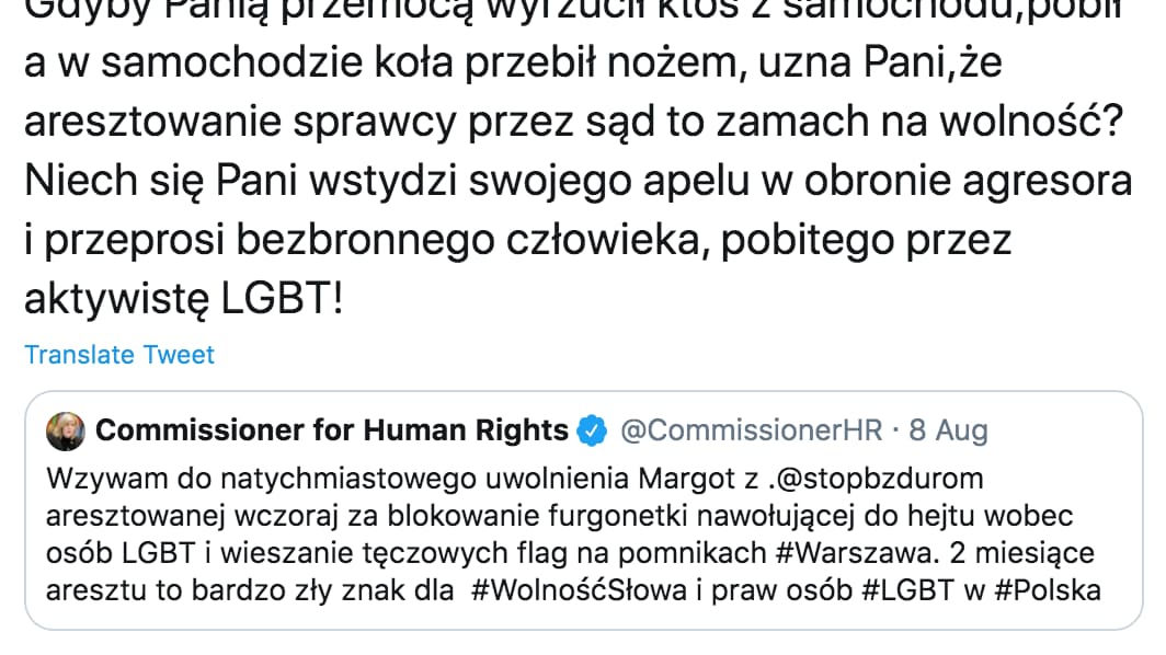 Odpowiedź Ziobry na tweeta Komisarz Praw Człowieka Rady Europy