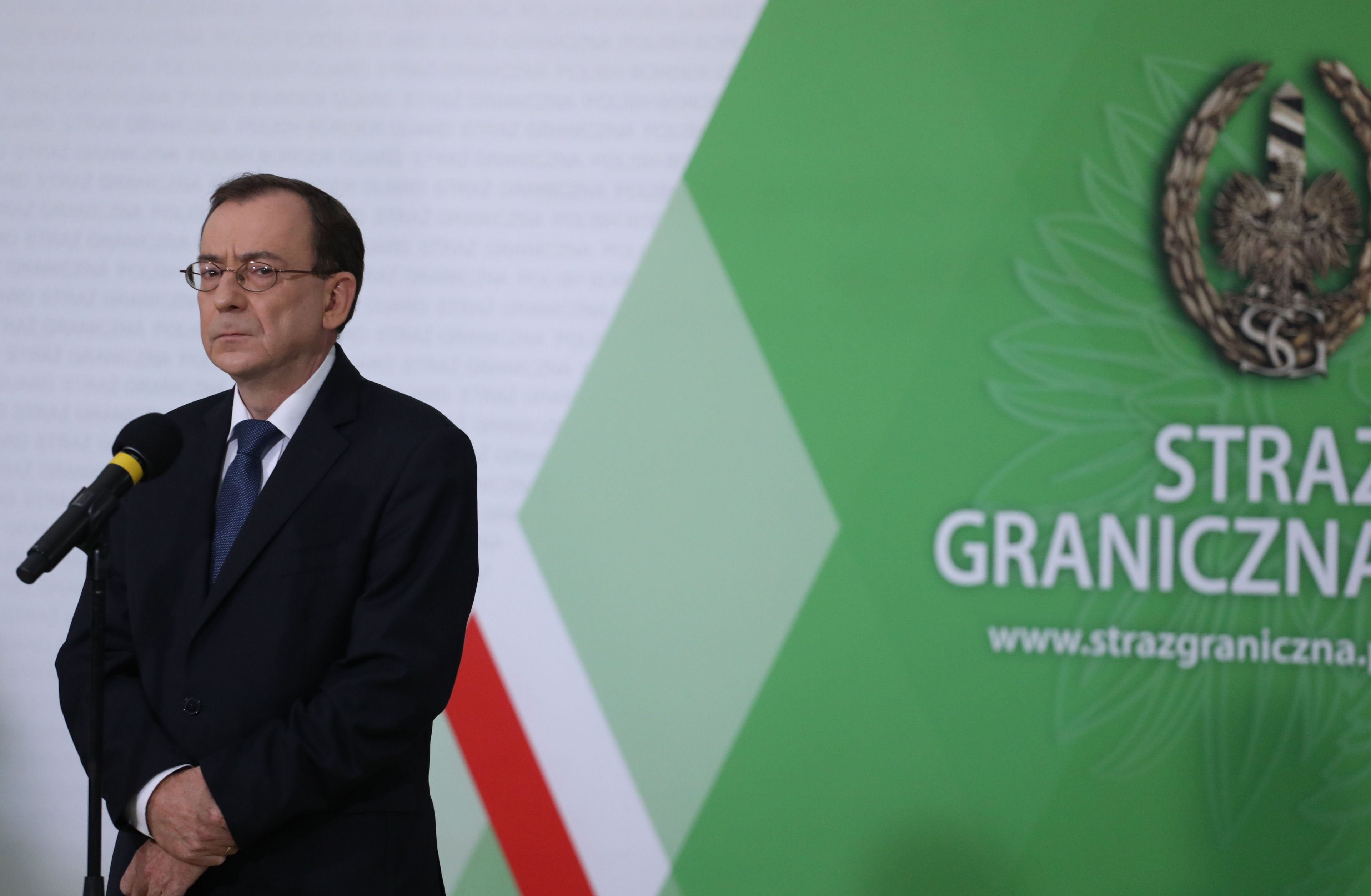 Konferencja prasowa w Komendzie Glównej SG z udzialem premiera Morawieckiego i ministra Kaminskiego