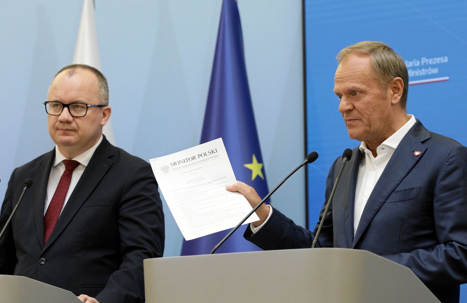 Adam Bodnar i Donald Tusk podczas konferencji prasowej