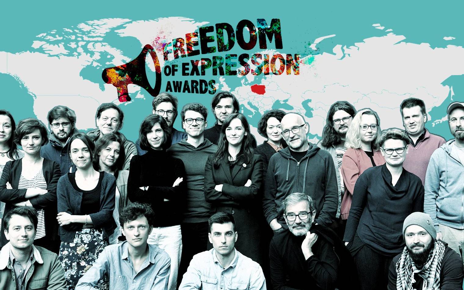 Grafika do artykułu OKO.press z nagrodą Freedom of Expression 2020 za obronę wolności słowa w Polsce! Dziękujemy!