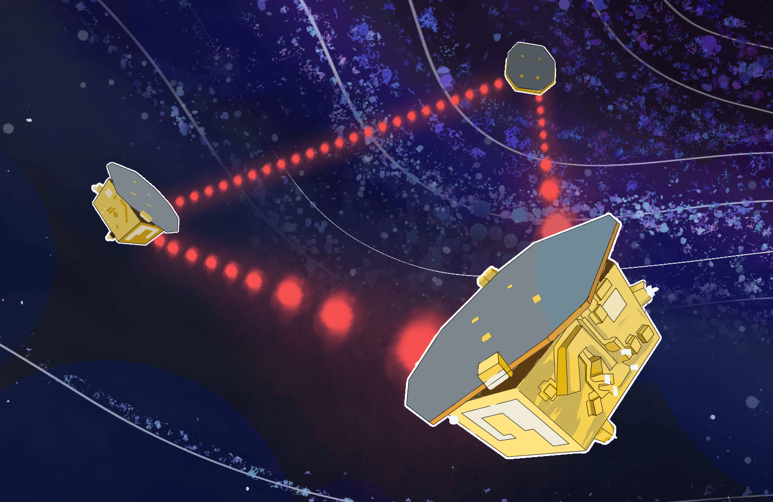 Trzy satelity, połączone czerwonymi kropkami na tle przestrzeni kosmicznej z wielkimi falami.