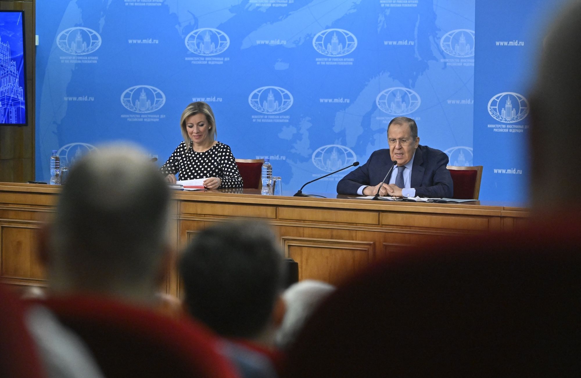 Maria Zacharowa i Siergiej Ławrow podczas konferencji prasowej rosyjskiego MSZ