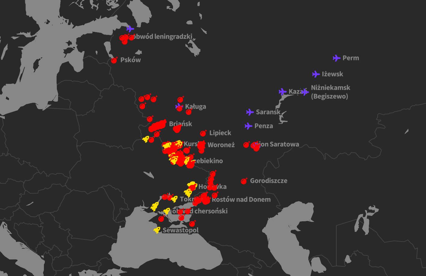 Mapa przedstawiająca uderzenia ukraińskie na tereny Rosji