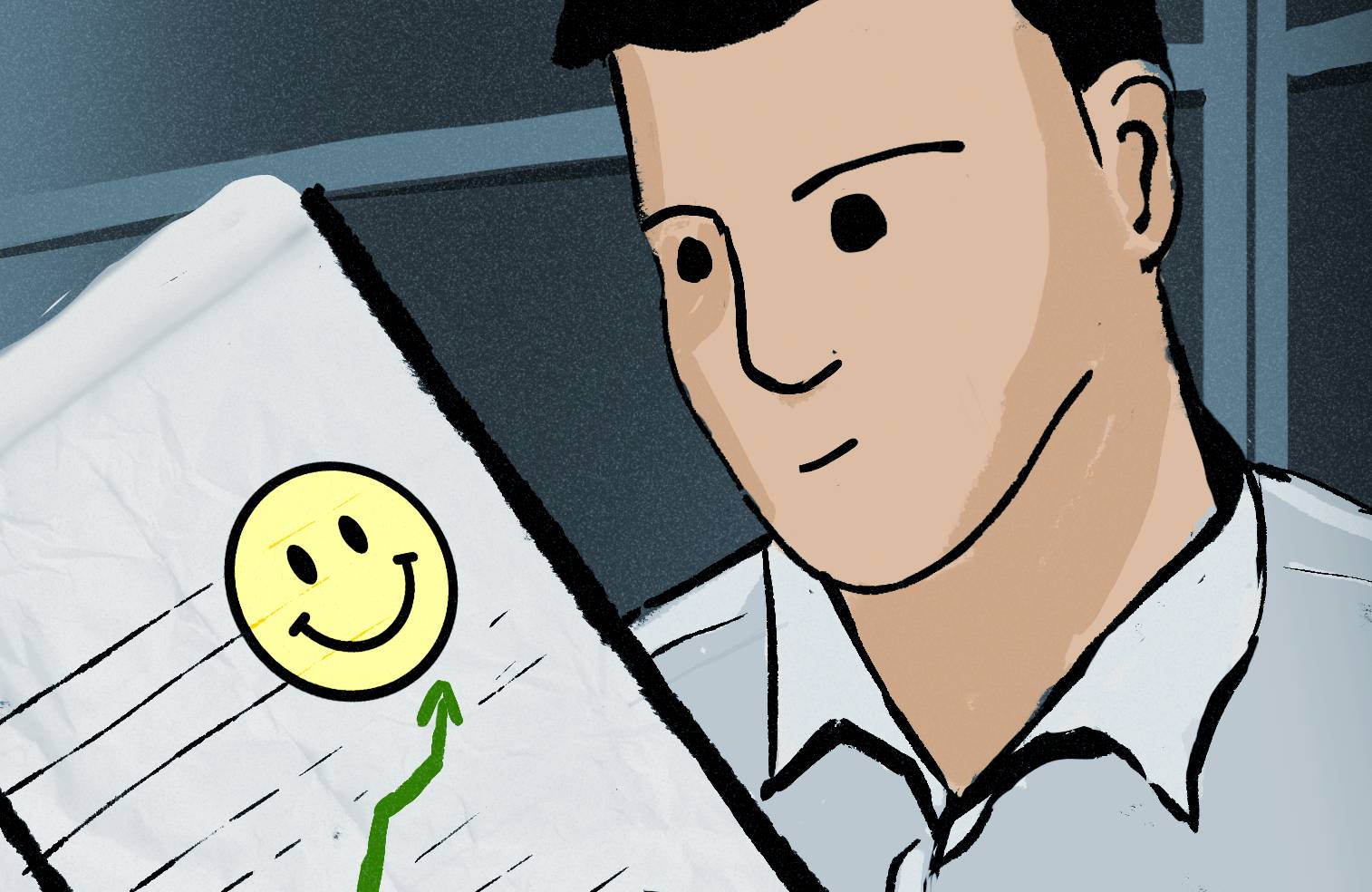 Ilustracja - kreskówkowa postać mężczyzny w koszuli pokazuje na wydrukowany na kartce wykres ze strzałką pnącą się w górę i uśmiechniętą buzią