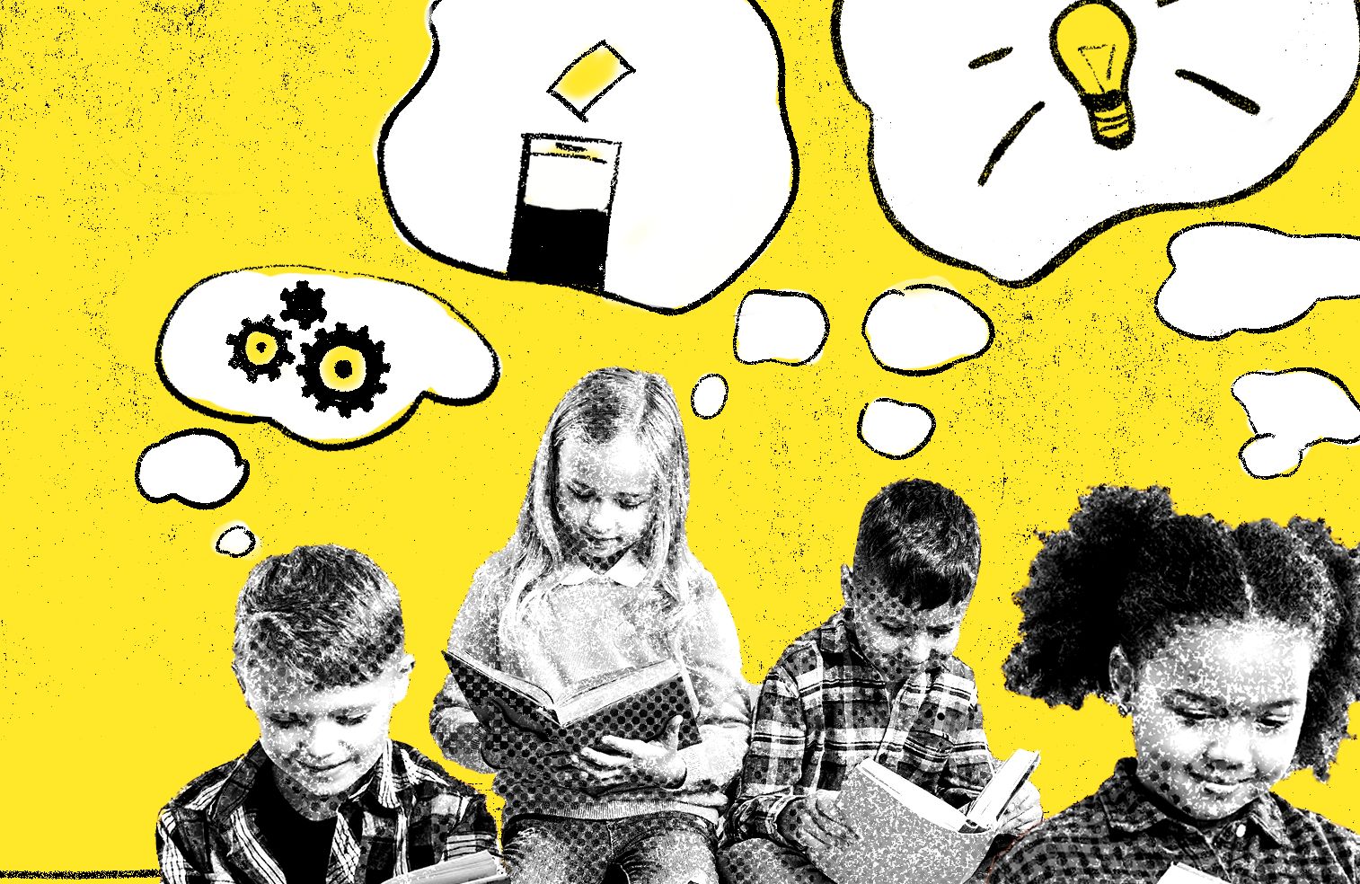 Grupka dzieci czytających książki, nad ich głowami komiksowe dymki z symbolami: zębatek, urny do głosowania, świecącej żarówki