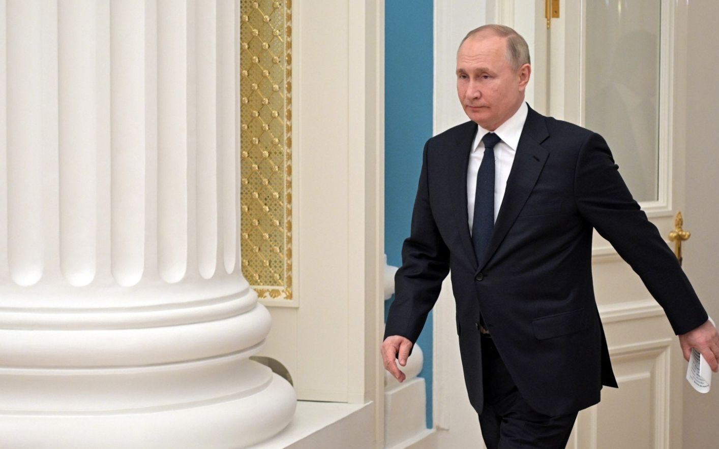 Russian President Vladimir Putin chairs a meeting of big businesses at the Kremlin in Moscow on February 24, 2022. - Russian President Vladimir Putin on Thursday said his country wanted to remain part of the world economy and had no plans to harm it. Russian President Vladimir Putin launched a full-scale invasion of Ukraine on Thursday, killing dozens and triggering warnings from Western leaders of unprecedented sanctions. Russian air strikes hit military installations across the country and ground forces moved in from the north, south and east, forcing many Ukrainians flee their homes to the sounds of bombing. (Photo by Alexey NIKOLSKY / SPUTNIK / AFP)
