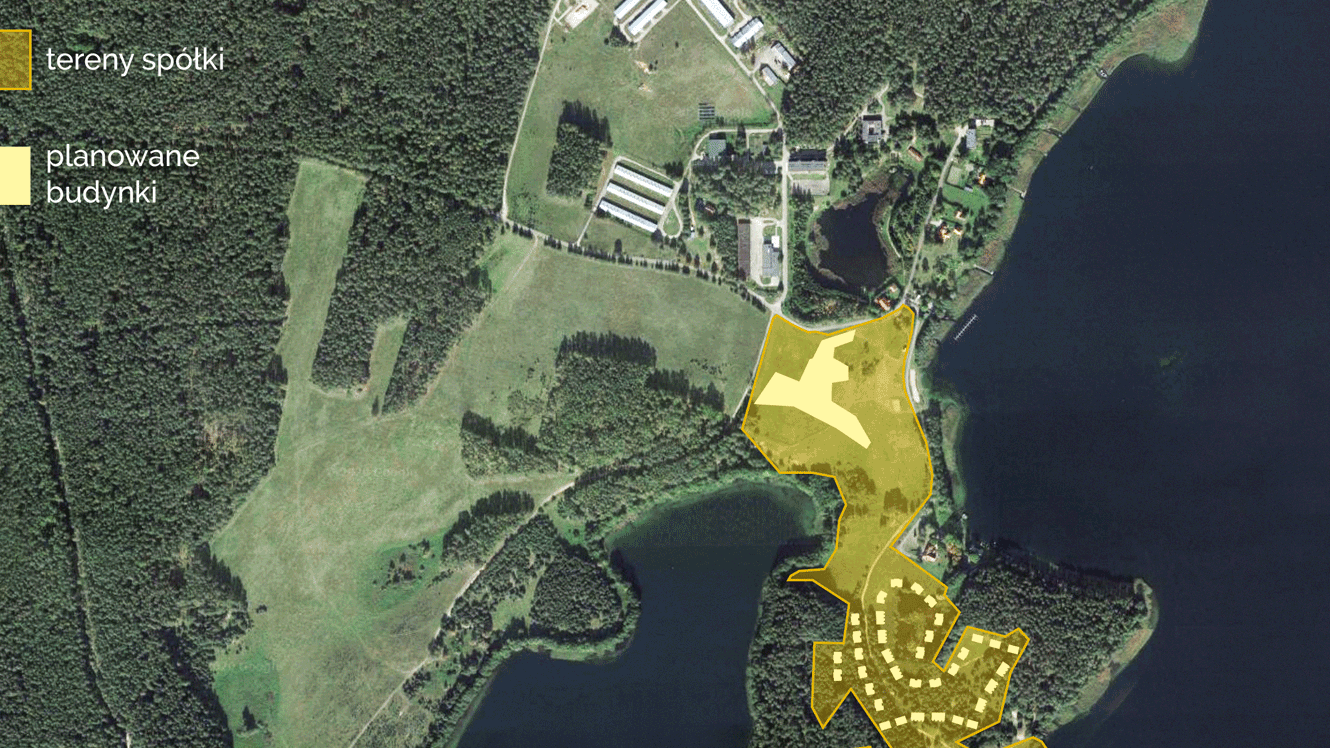 Mapa przedstawiająca przekazane Kościołowi ziemie, które Archidiecezja Warmińska ma wnieść do spółki Projekt Rybaki-Łańsk, mającej wybudować na tym terenie 4-gwiazdkowy hotel.