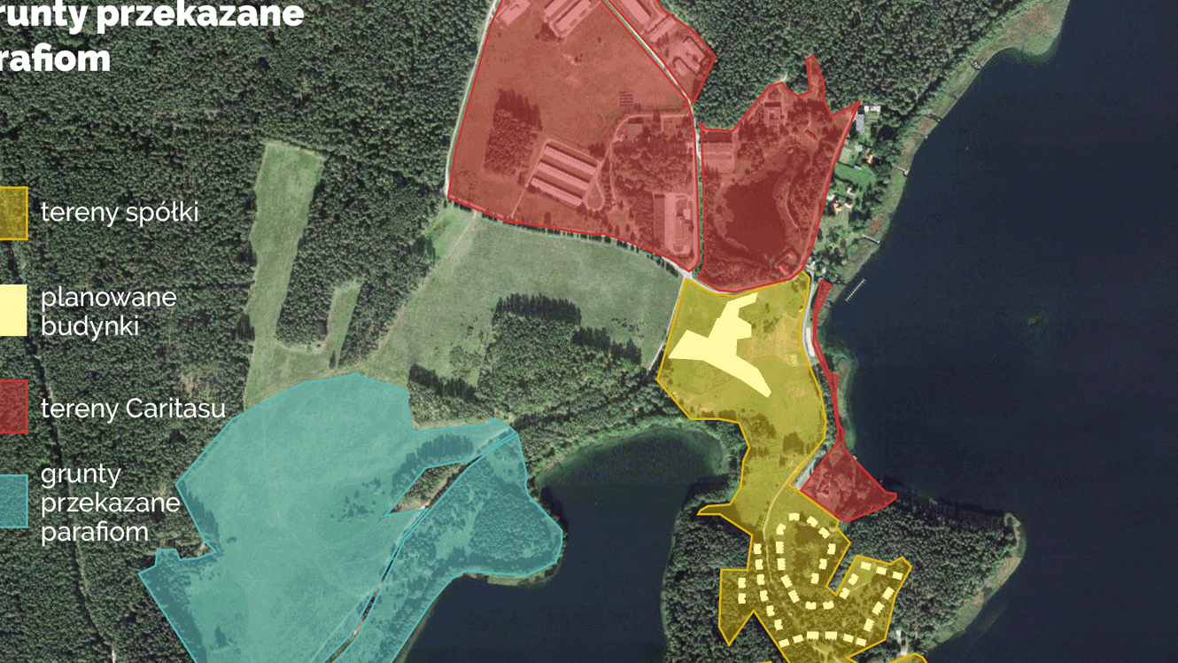 Mapa przedstawiająca przekazane Kościołowi ziemie, które Archidiecezja Warmińska ma wnieść do spółki Projekt Rybaki-Łańsk, mającej wybudować na tym terenie 4-gwiazdkowy hotel, kolejne państwowe ziemie przekazane parafiom oraz tereny przekazane Caritas warmińskiej za poprzednich rządów PiS.
