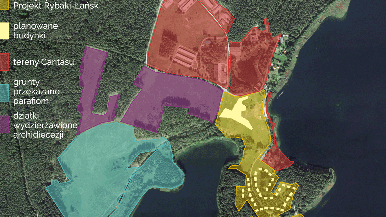 Mapa przedstawia wszystkie ziemie w Rybakach, będące pod kontrolą Kościoła.