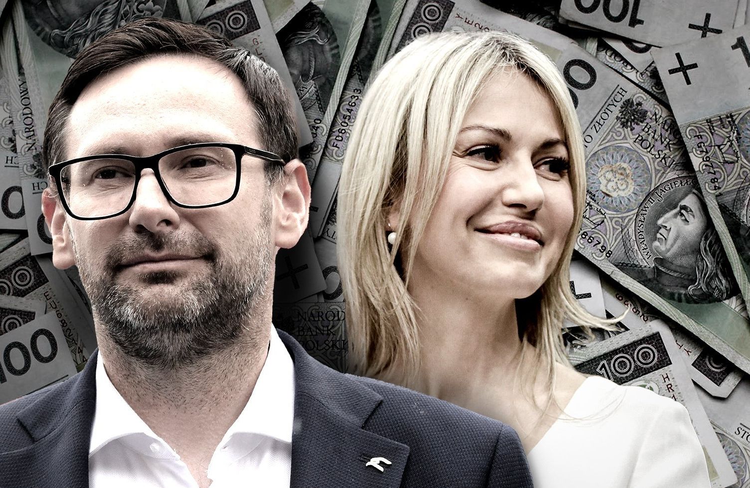 Kolaż zdjęć Daniela Obajtka w ciemnej marynarce i rozpiętej pod szyj białej koszuli oraz Magdaleny Ogórek w białej sukience. Oboje na tle stuzłotowych banknotów