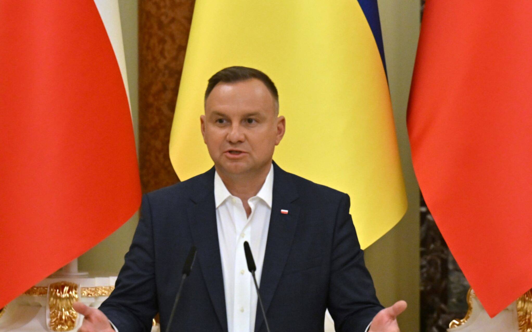 Polish President Andrzej Duda gives a press-conference following his meeting with his Ukrainian counterpart in Kyiv on May 22, 2022. (Photo by Sergei SUPINSKY / AFP)