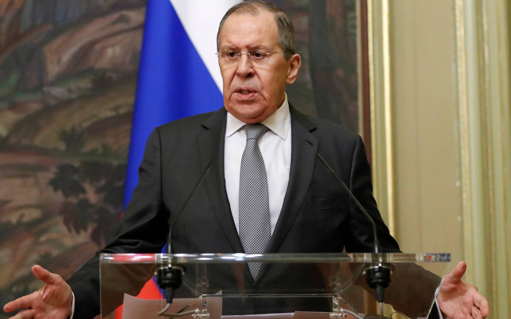 Russian Foreign Minister Sergei Lavrov gestures during a press conference following talks with his Italian counterpart in Moscow, on February 17, 2022. (Photo by SHAMIL ZHUMATOV / POOL / AFP)