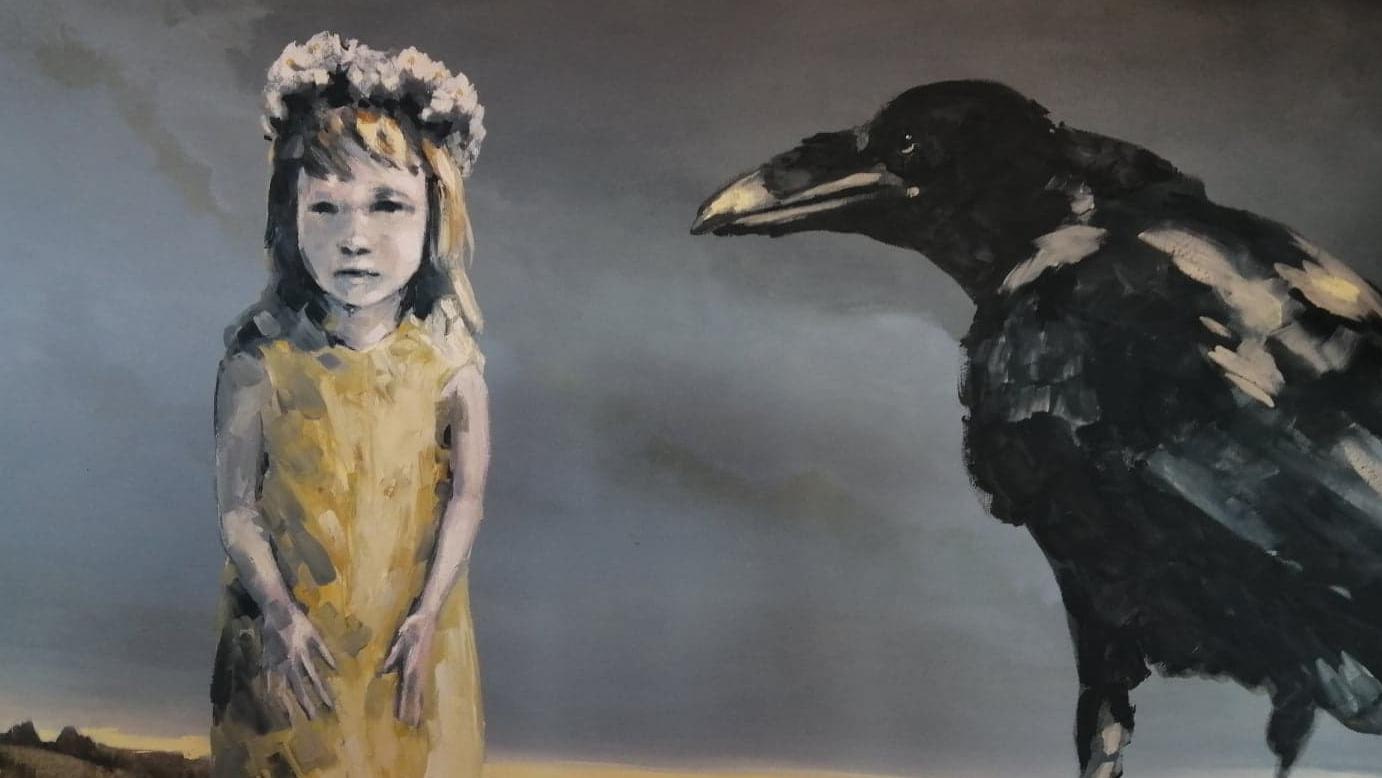 obraz olejny, dziewczynka i kruk