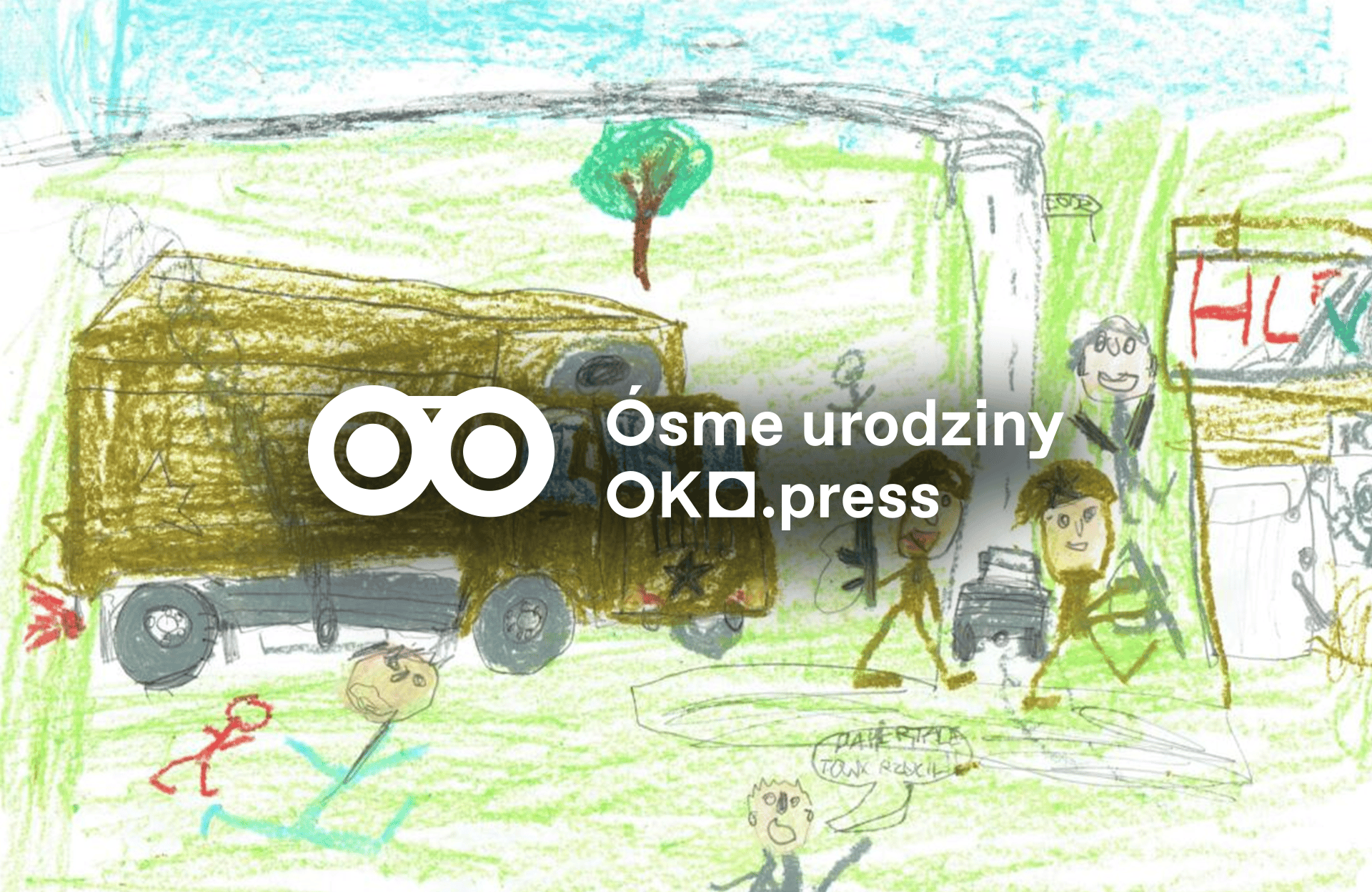 rysunek dziecięcy przedstawiający ciężarówkę i żołnierzy z bronią
