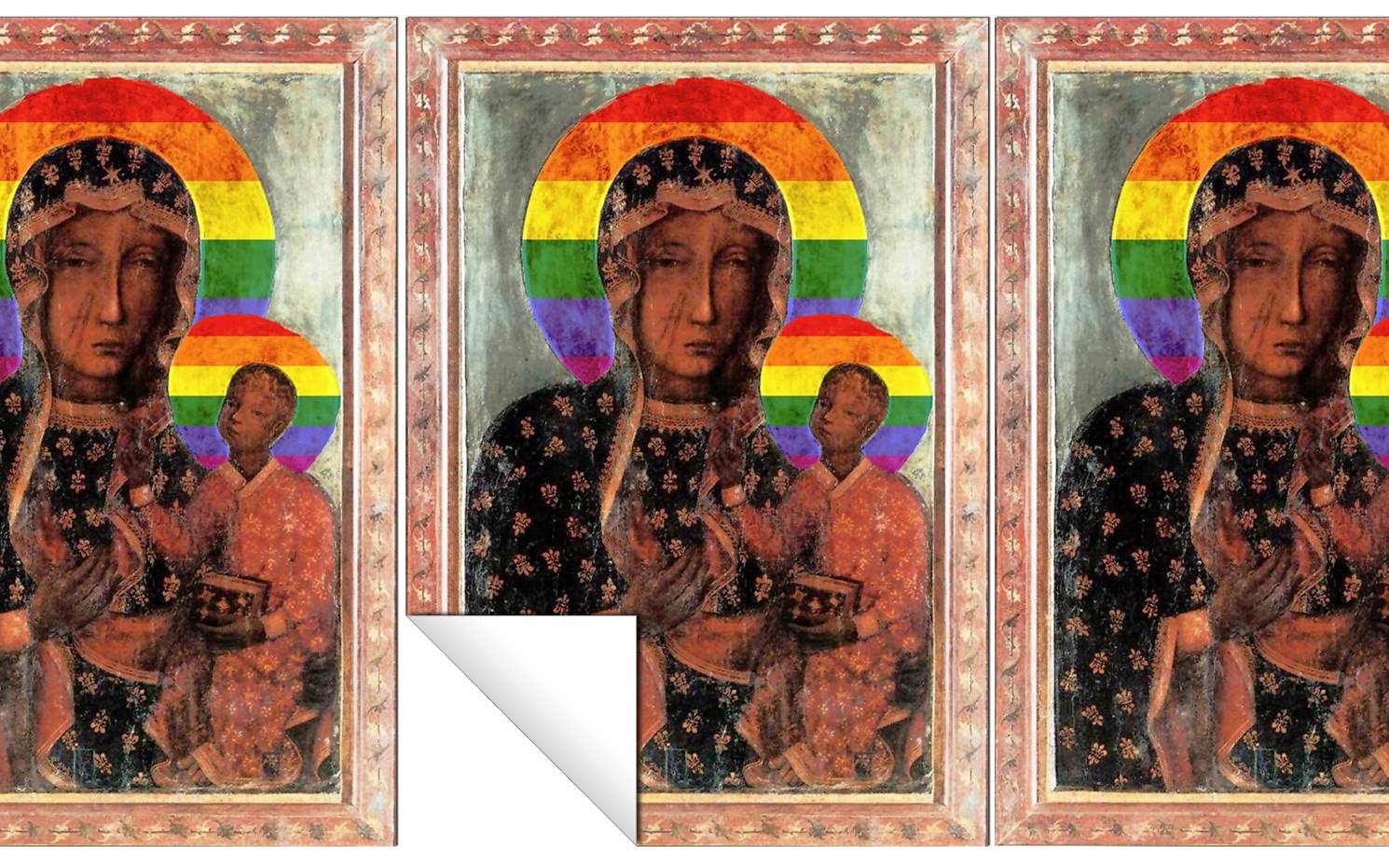 Grafika do artykułu Prokuratura postawiła zarzuty obrazy uczuć religijnych za rozklejanie "tęczowych Maryjek"