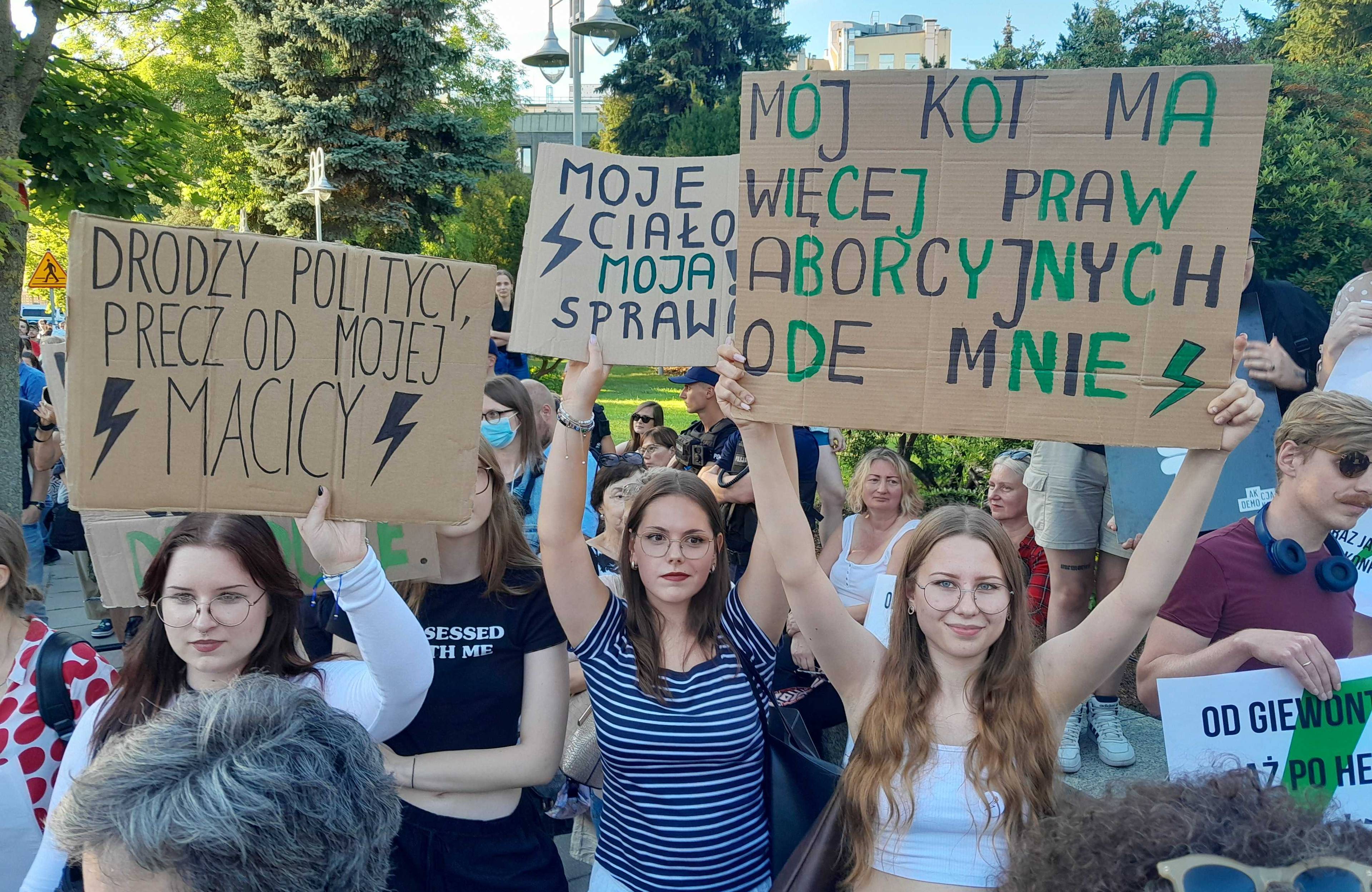 na zdjęciu demonstracja pod Sejmem. Młode kobiety trzymają plakaty z hasłami wzywającymi polityków do legalizacji aborcji