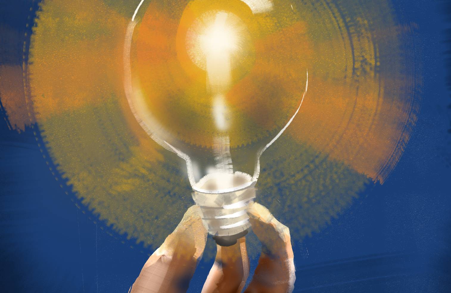 Ilustracja – ręka trzymająca rozświetloną ciepłym światłem żarówkę LED-ową