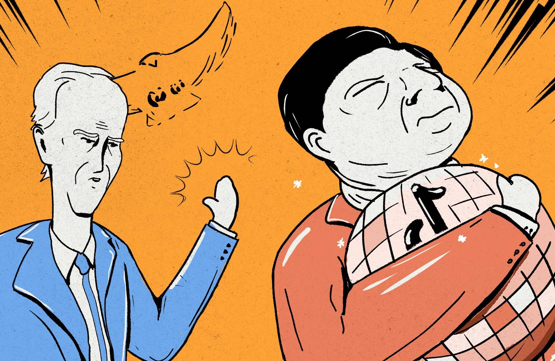 Utrzymany w stylu karykatury rysunek przedstawia Joe Bidena, który uderza dłonią w plecy prywodcę Chin Xi, trzymającego miniaturową kulę ziemską z logo TikToka.