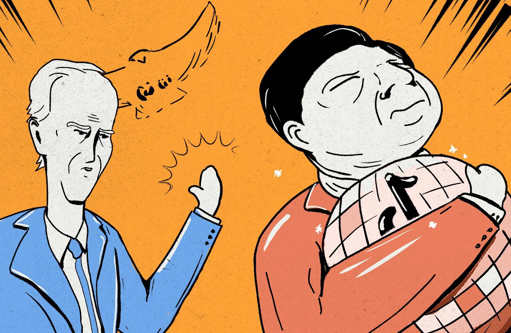 Utrzymany w stylu karykatury rysunek przedstawia Joe Bidena, który uderza dłonią w plecy prywodcę Chin Xi, trzymającego miniaturową kulę ziemską z logo TikToka.