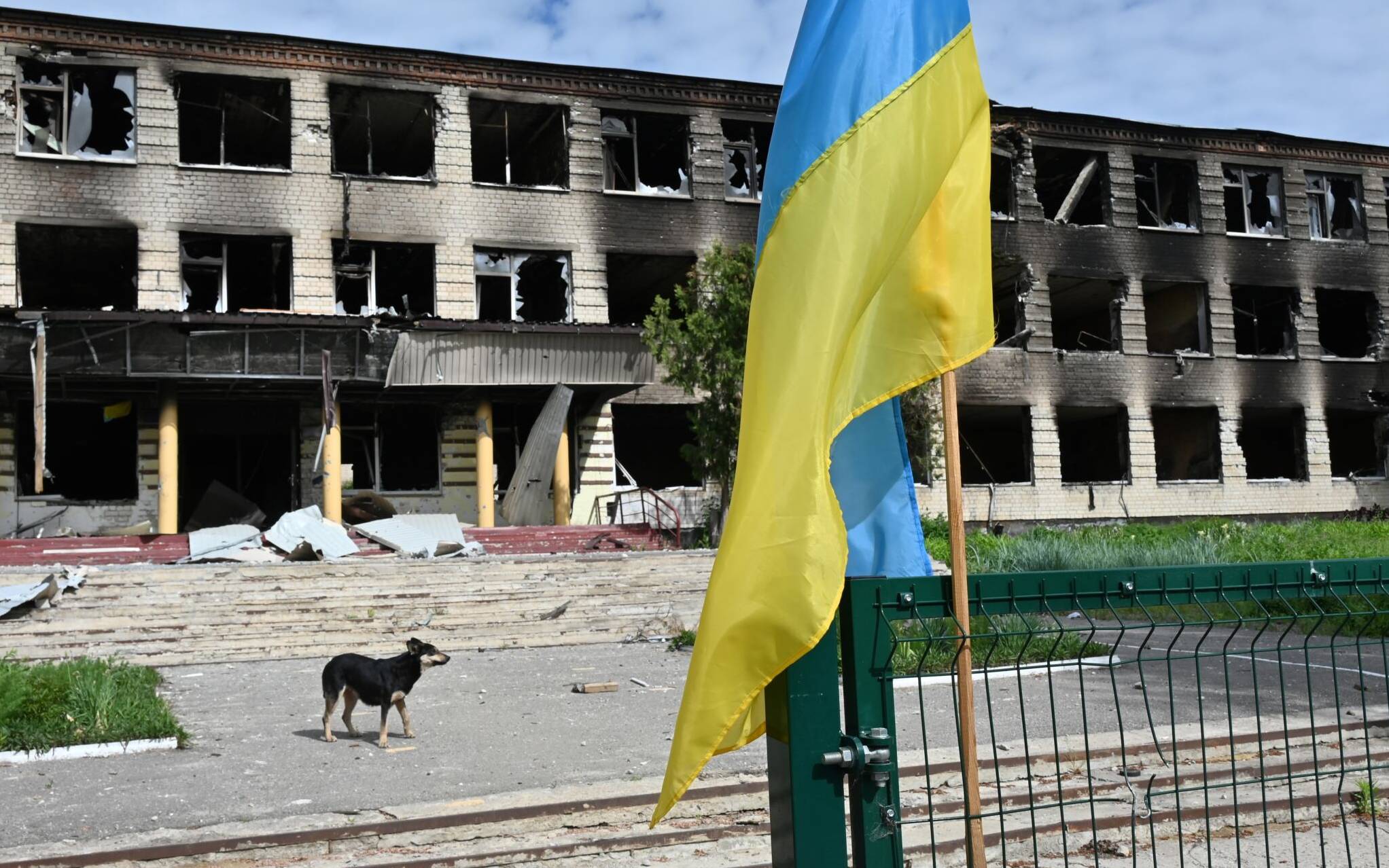 A photograph shows a destroyed school in Vilkhivka village, near Kharkiv, on May 25, 2022, amid Russian invasion of Ukraine. (Photo by SERGEY BOBOK / AFP)