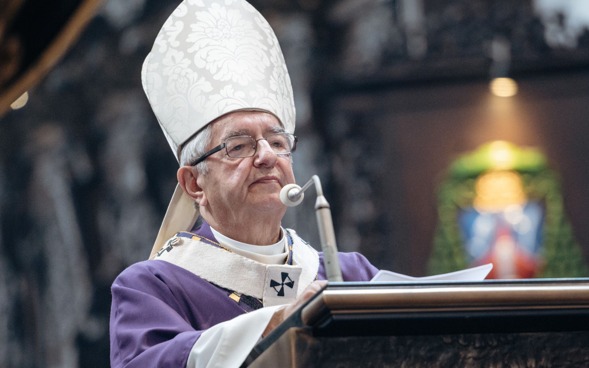 12.08.2020 Gdansk , Katedra Oliwska .  Arcybiskup Slawoj Leszek Glodz podczas pogrzebu Piotra Henryka Soyki prezesa Gdaskiej Stoczni  Remontowa  .
Fot. Bartosz Banka / Agencja Gazeta