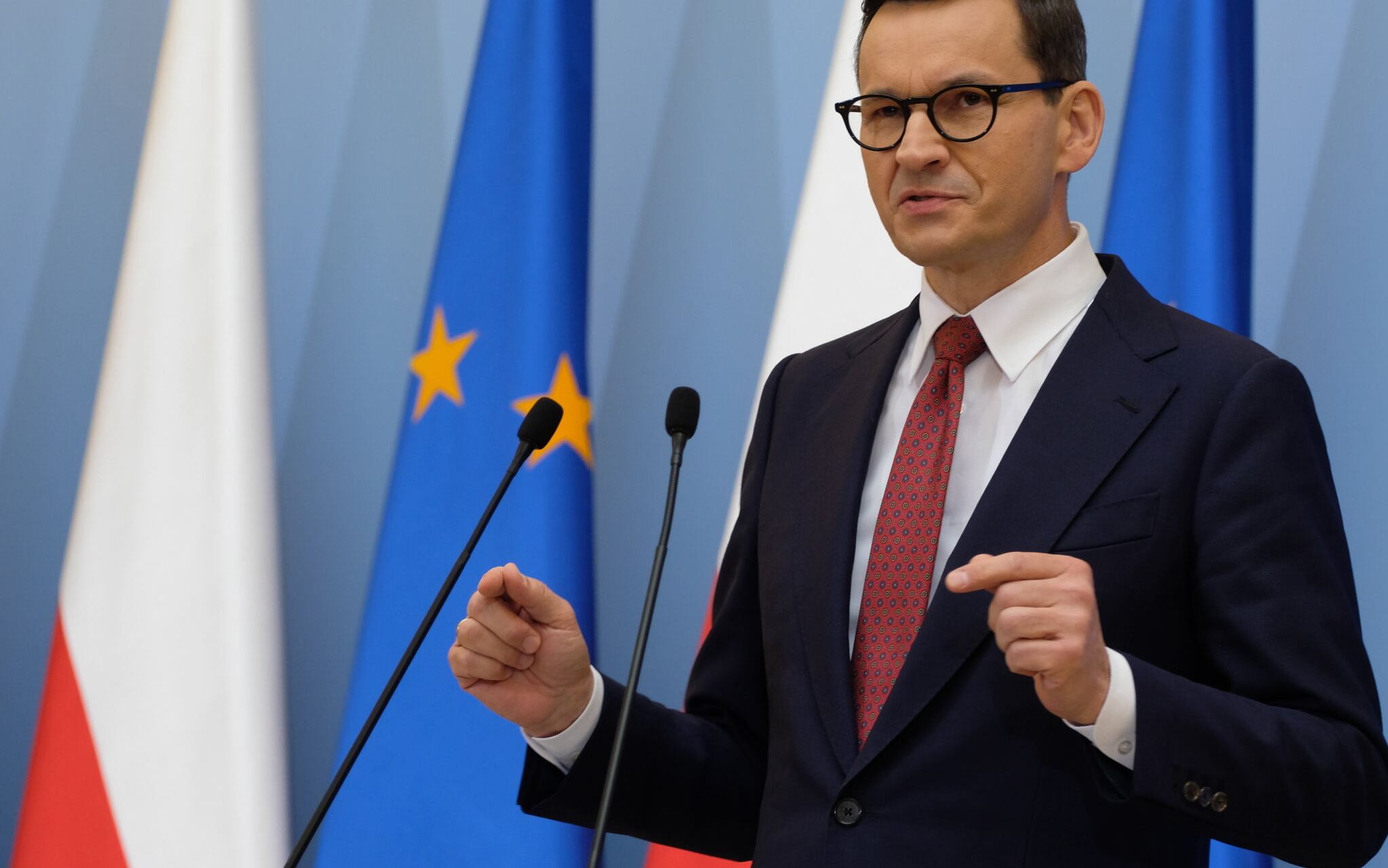 21.09.2021 Warszawa , Aleje Ujazdowskie . Kancelaria Prezesa Rady Ministrow . Premier Mateusz Morawiecki podczas konferencji prasowej w sprawie nowelizacji ustawy budzetowej i epidemii koronawirusa .
Fot. Slawomir Kaminski / Agencja Gazeta